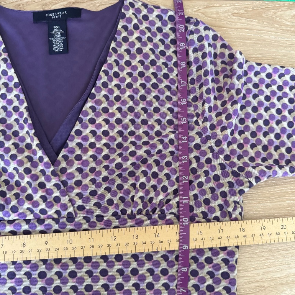 90s Y2K Petite XL Purple Polka Dot Blouse V Neck Surplice Babydoll Preppy Office - Picture 5 of 6